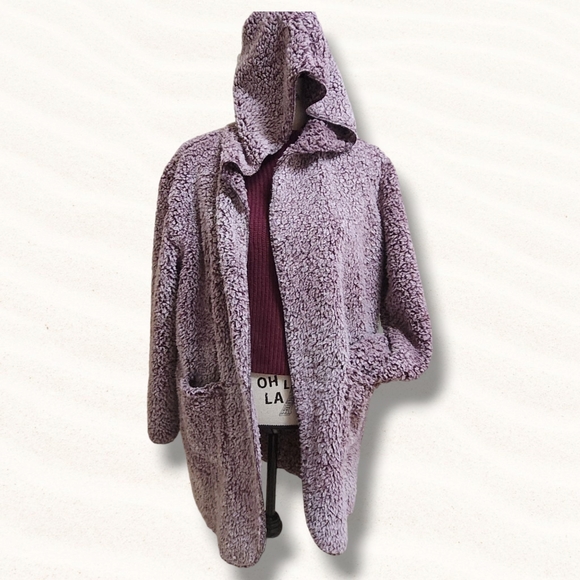 Aria & Clara Oversized Hooded Teddy Sherpa Jacket Coatigan Dk Plum Size MEDIUM - Picture 2 of 10